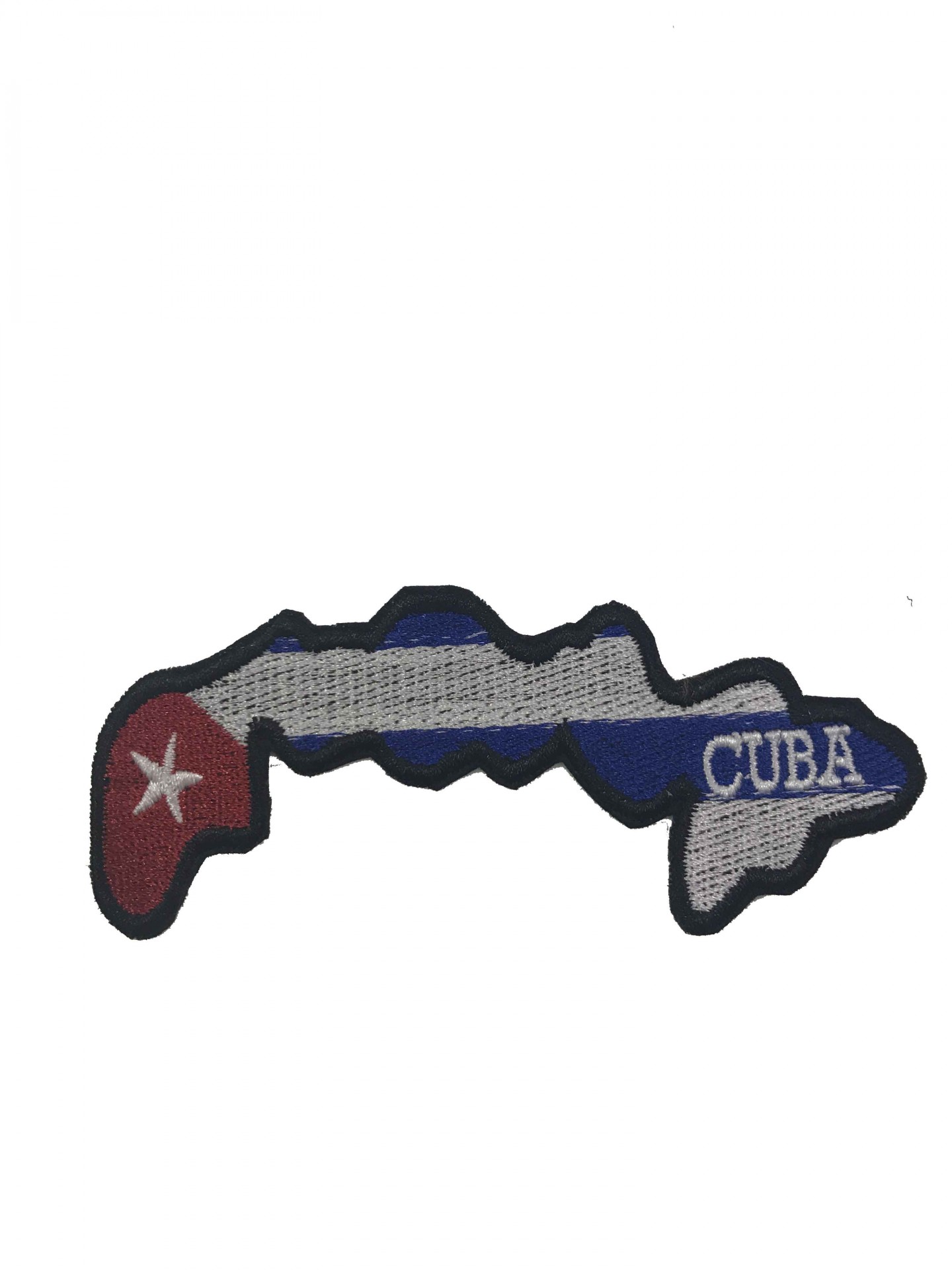 Patch bordado em forma do mapa de Cuba com as cores da bandeira