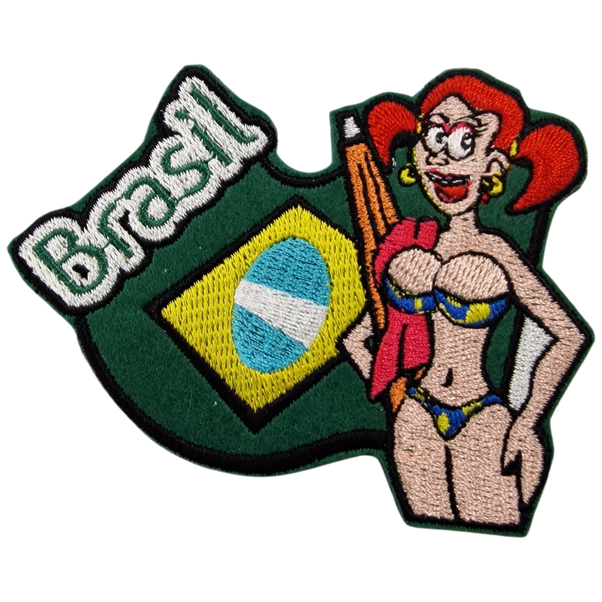 Patch bordado com bandeira do Brasil, personagem feminina e texto Brasil