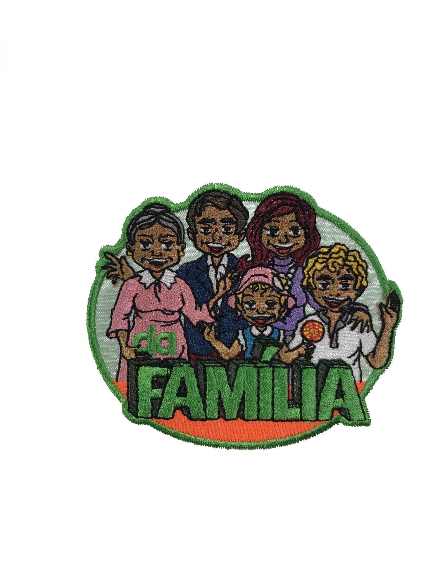 Emblema bordado com uma família desenhada e a palavra FAMILIA