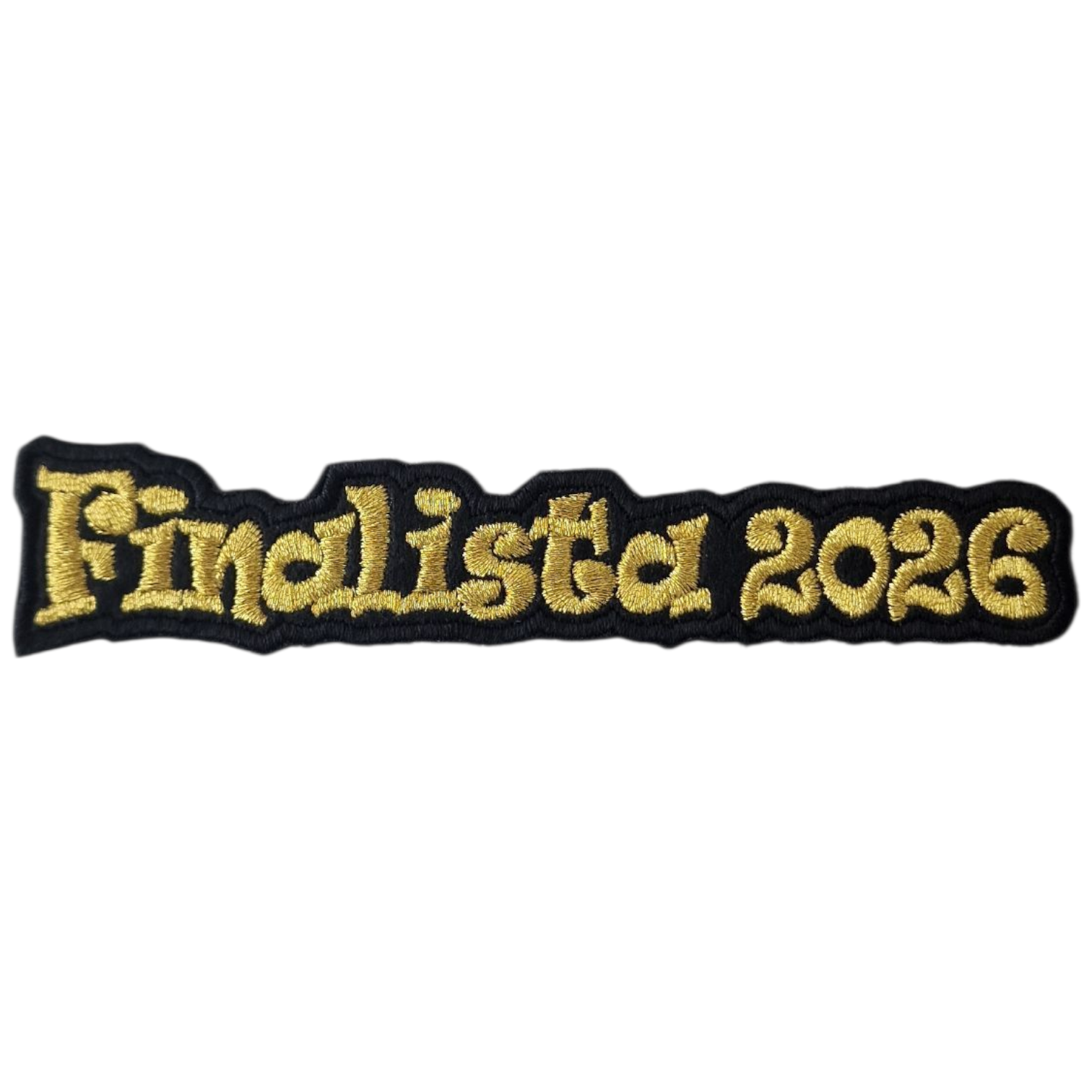 Emblema bordado preto com texto amarelo 