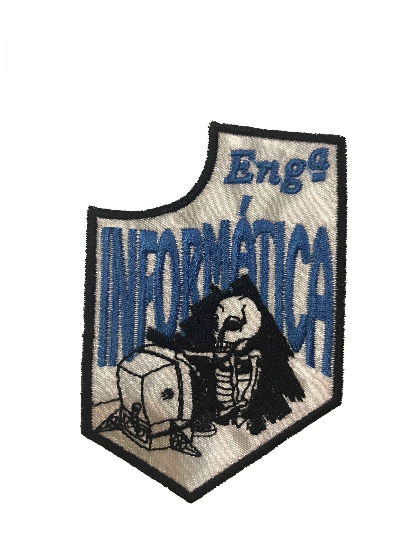 Patch bordado com texto e desenho de esqueleto e computador