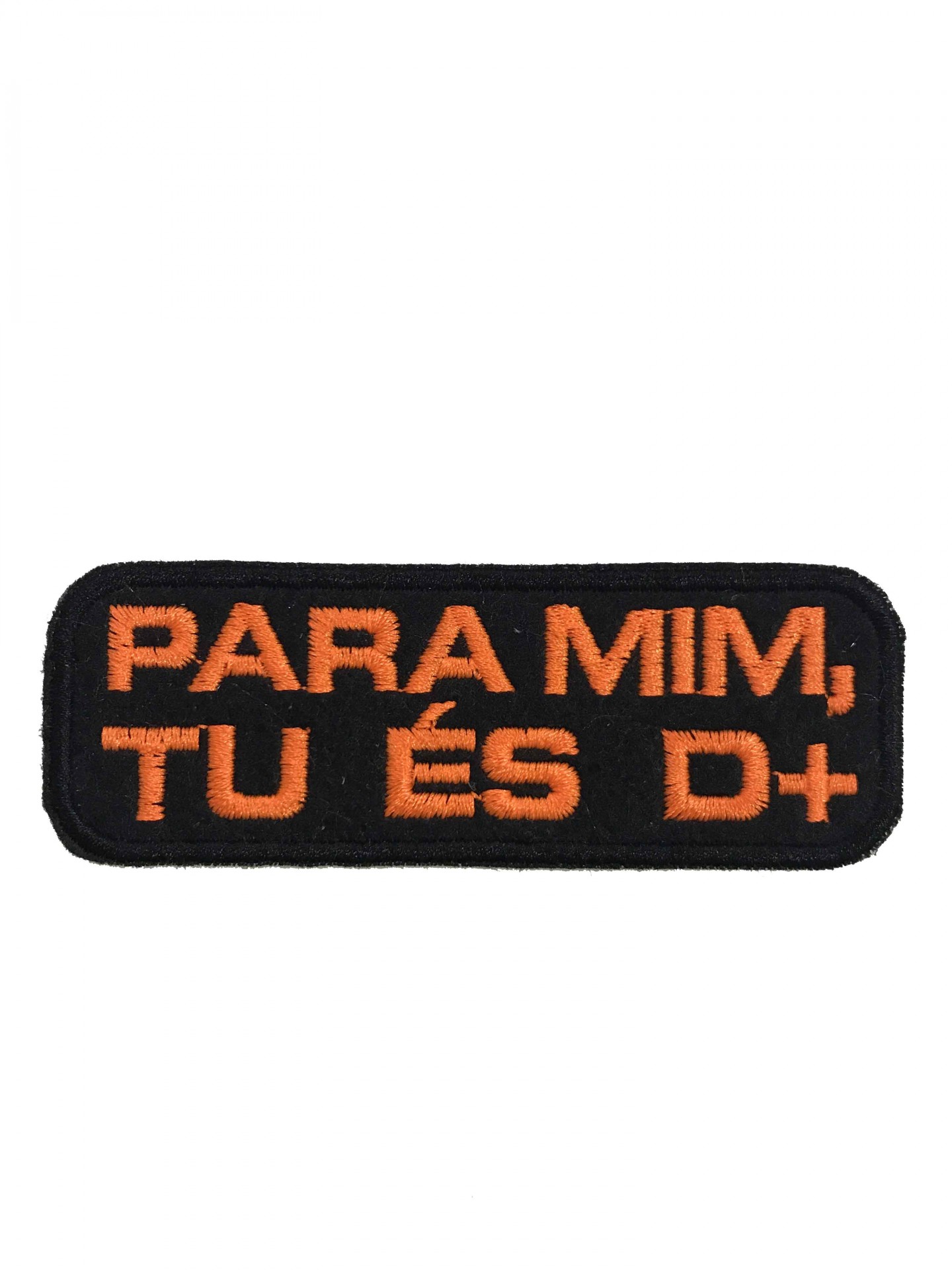 Patch bordado preto com texto laranja