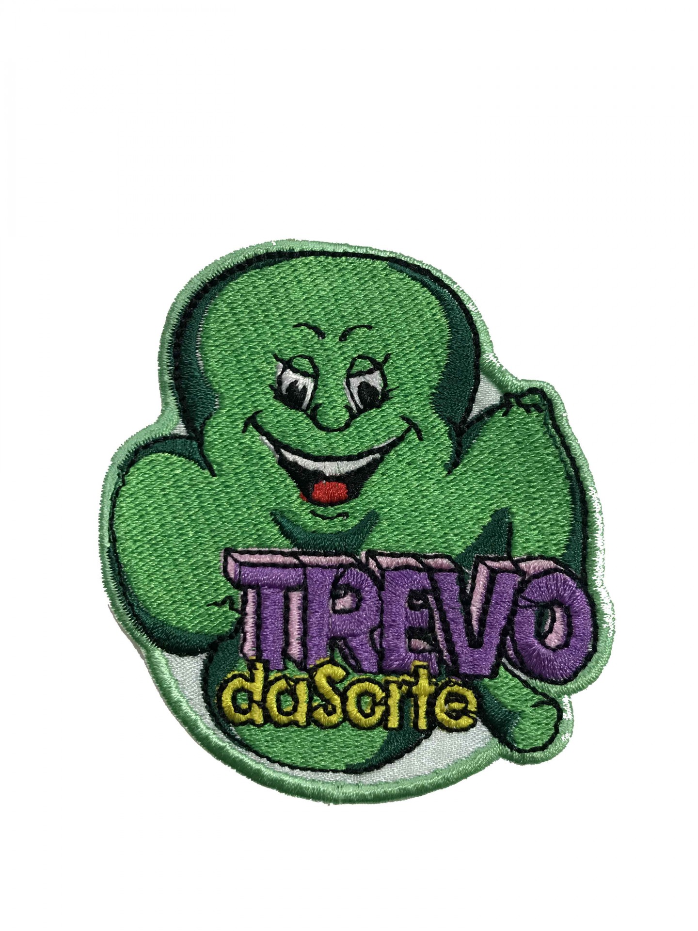 Patch bordado em forma de trevo verde com texto TREVO da Sorte