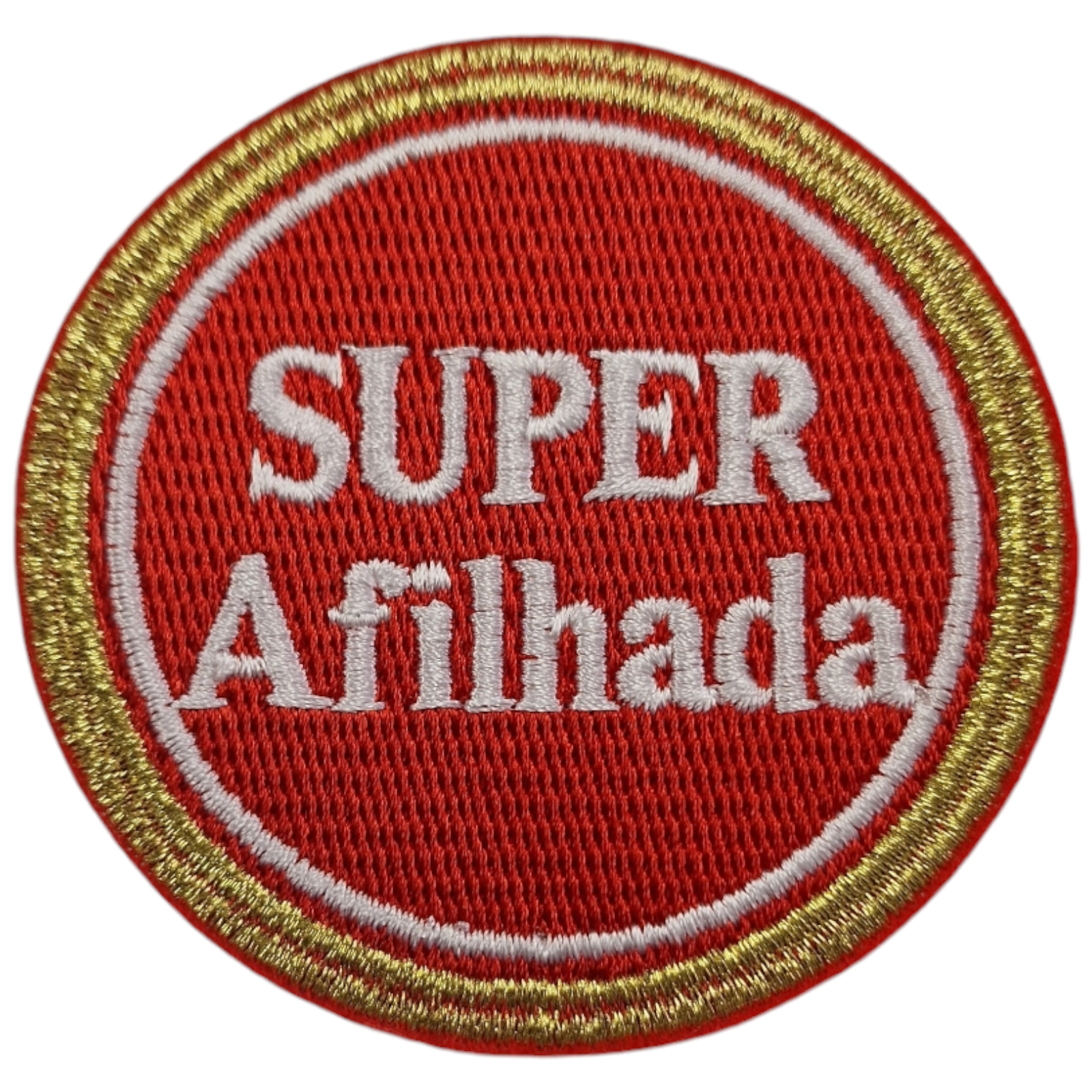 Emblema bordado vermelho e dourado com texto branco SUPER Afilhada