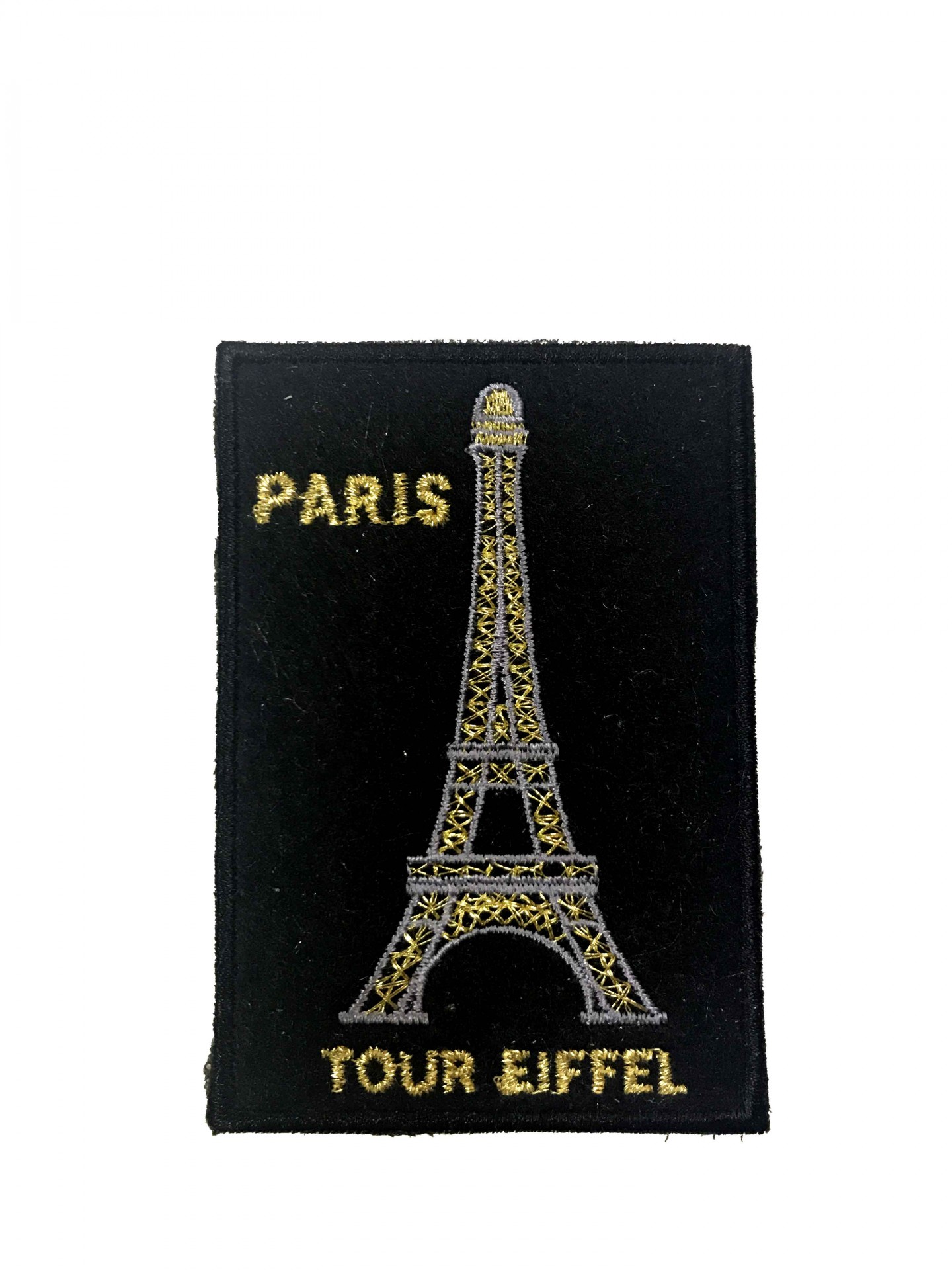 Pano preto bordado com Torre Eiffel e texto 'PARIS' e 'TOUR EIFFEL'.
