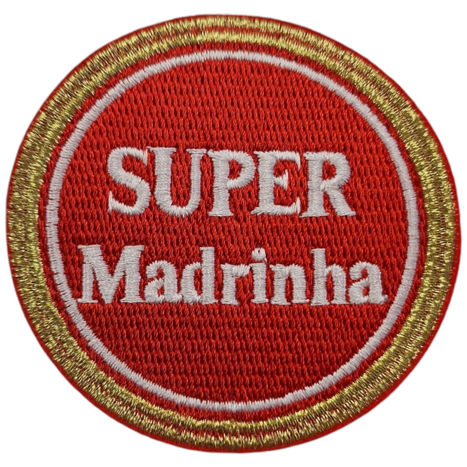 Emblema bordado vermelho com texto SUPER Madrinha e borda dourada