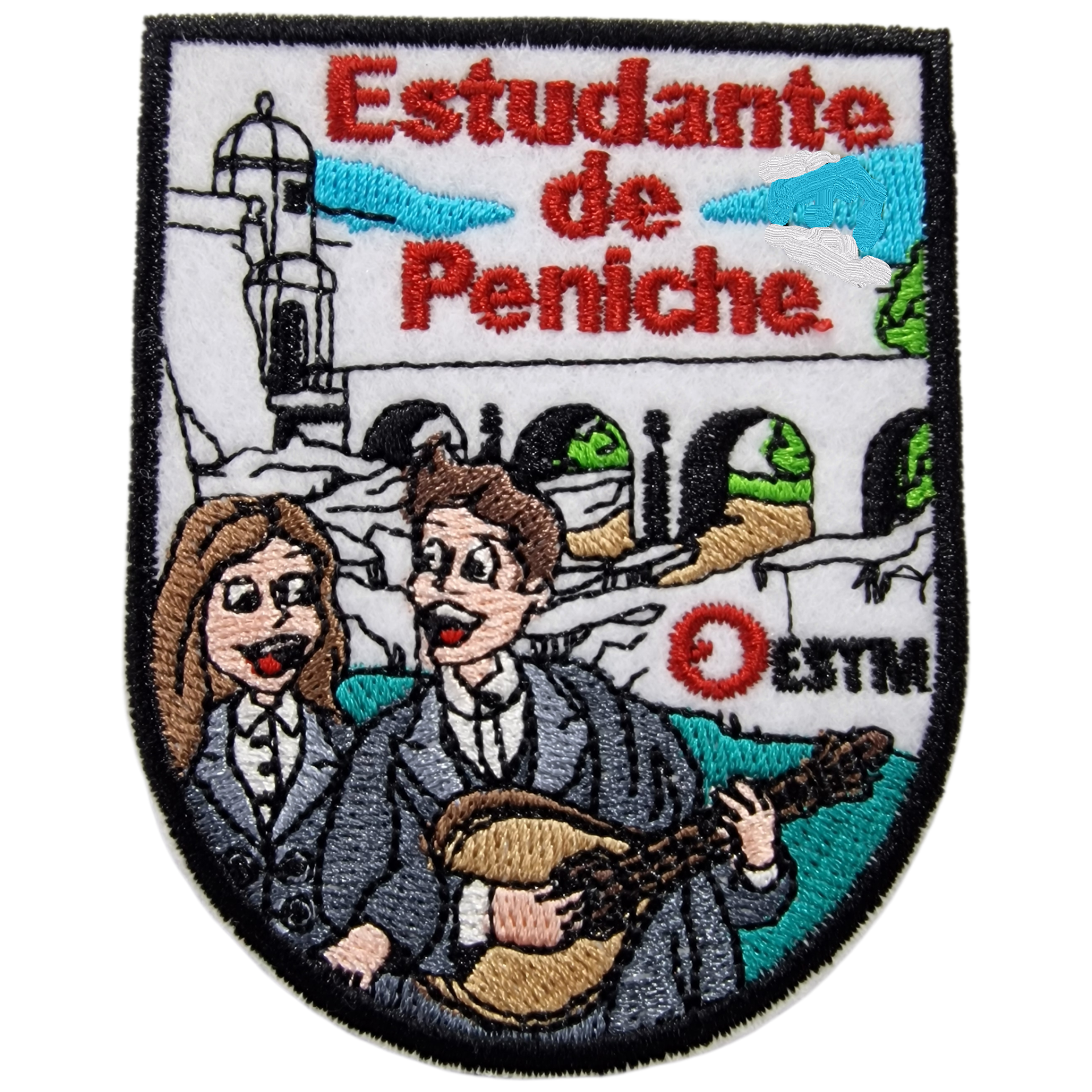 Emblema bordado de estudante de Peniche com casal e guitarra portuguesa