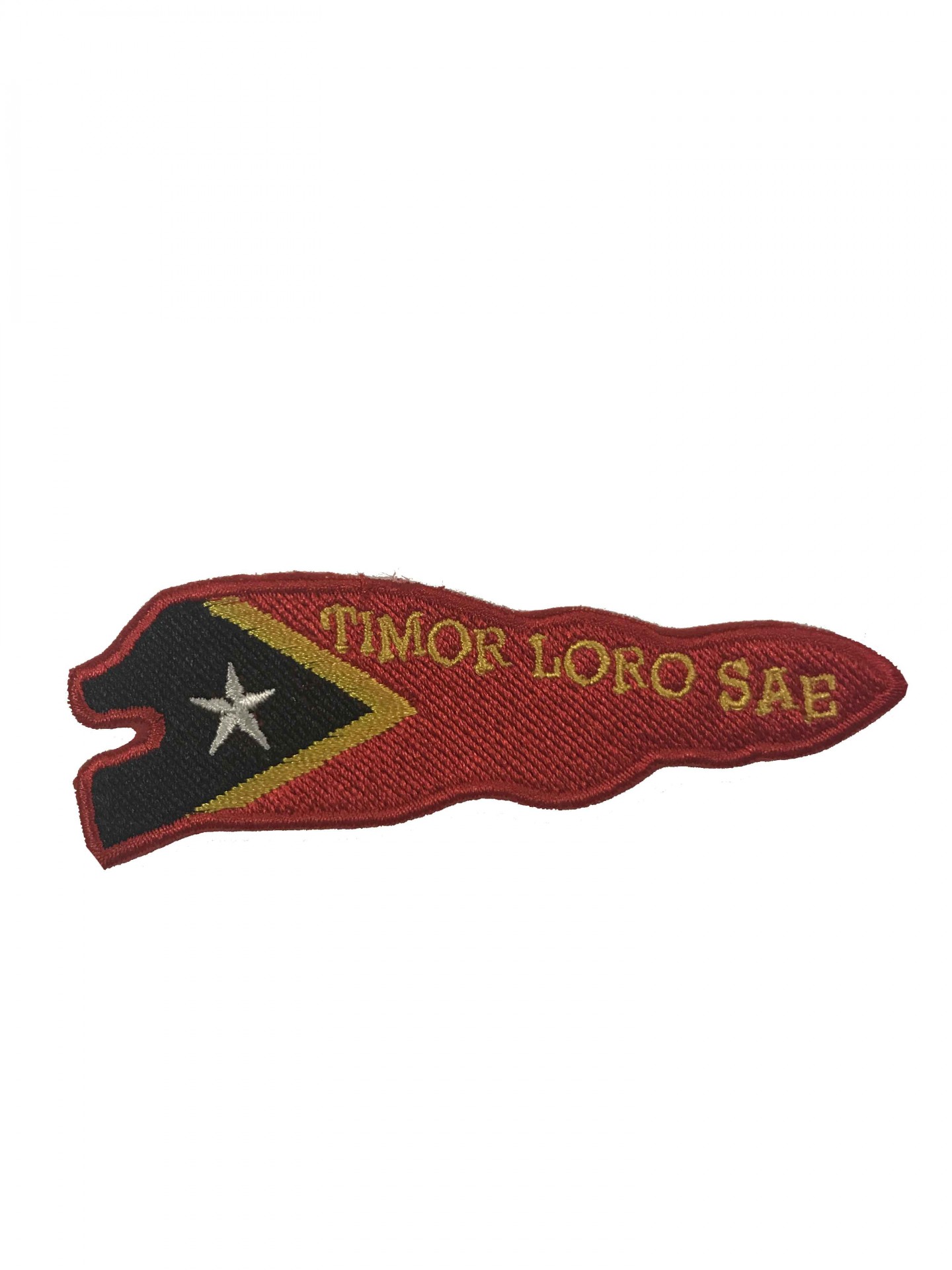 Patch tecido bordado com as cores da bandeira de Timor-Leste e texto 'TIMOR LORO SAE'