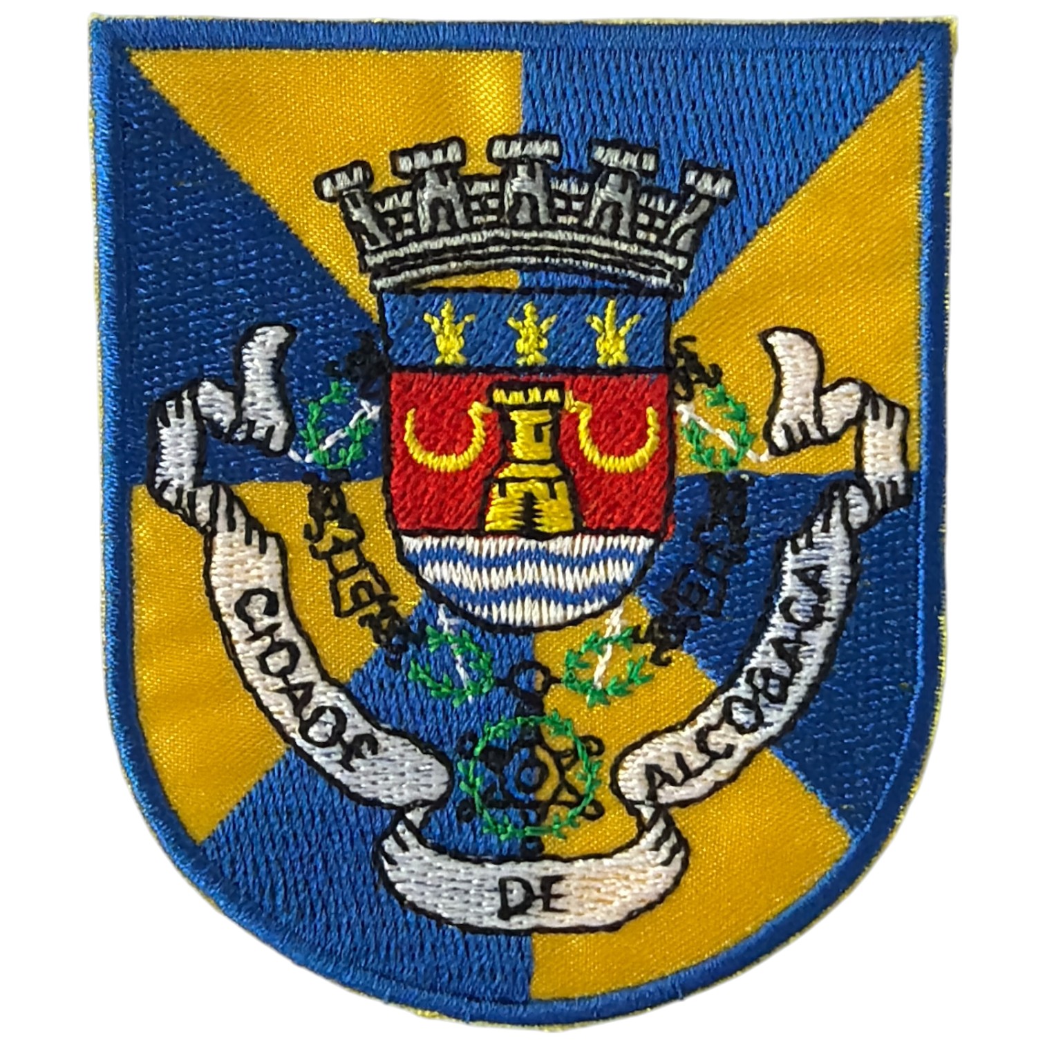 Emblema bordado azul e amarelo com torre, coroa e texto