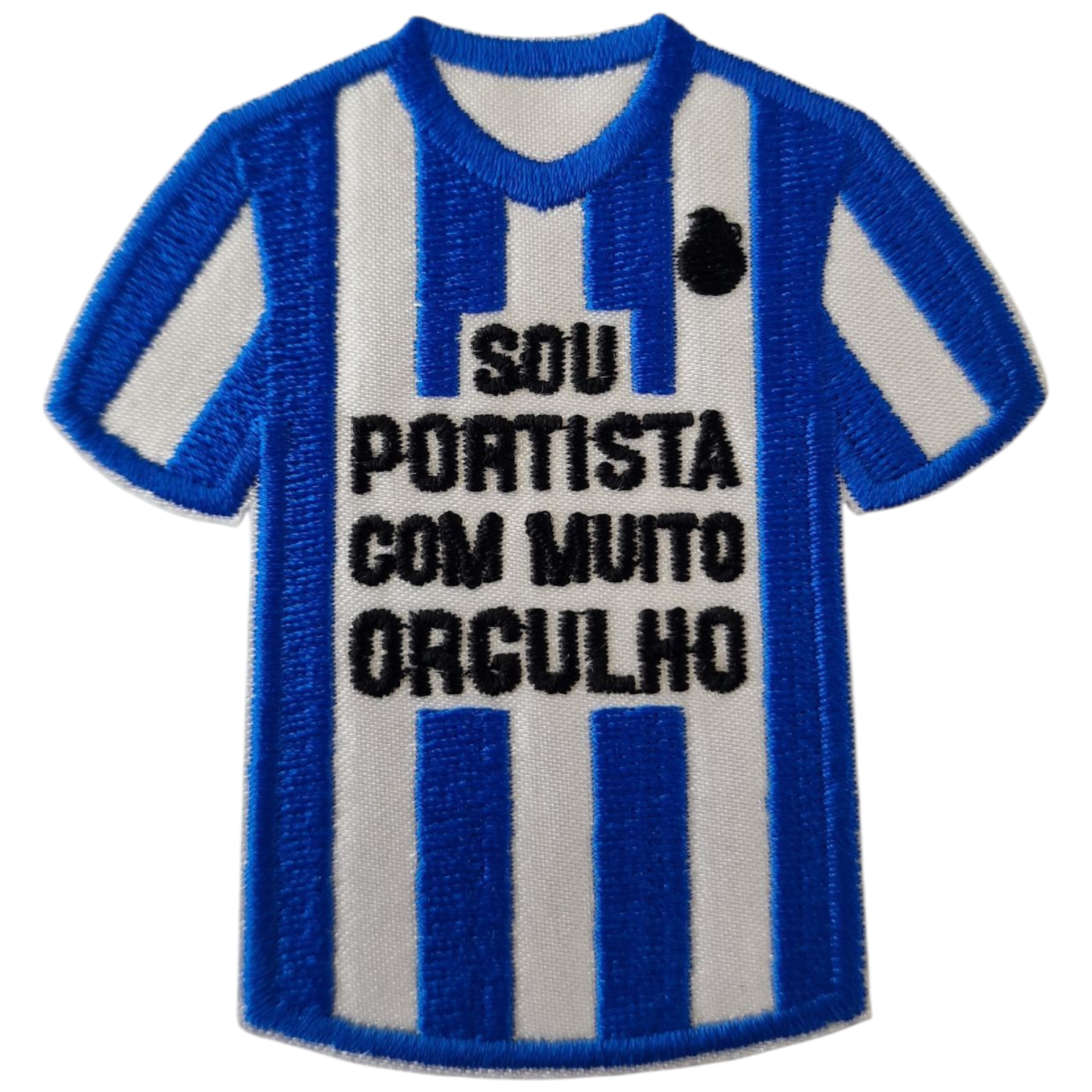 Bordado em forma de camisola azul e branca com texto 'SOU PORTISTA COM MUITO ORGULHO'