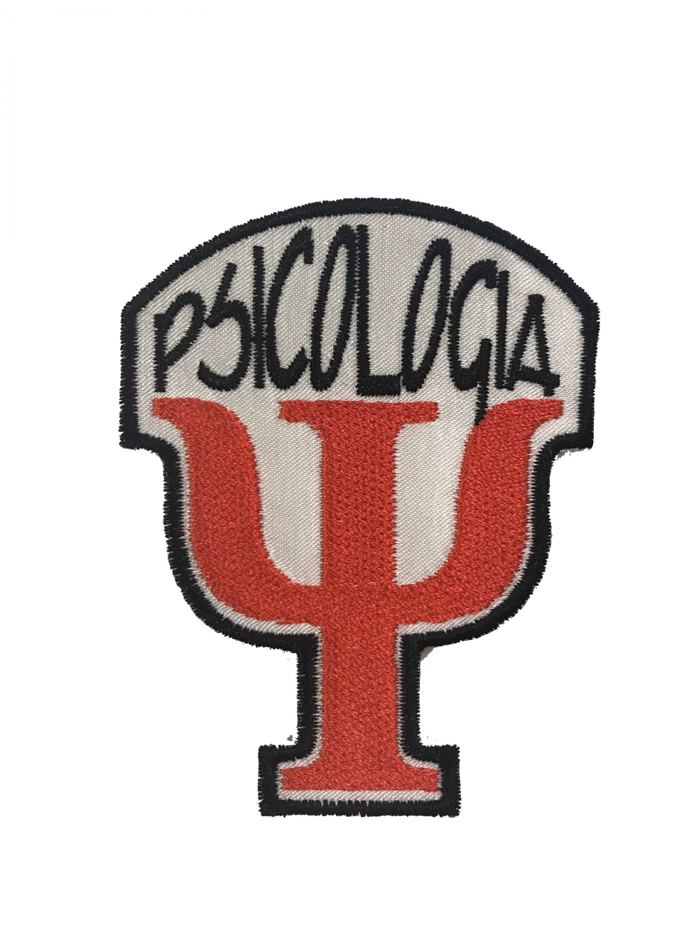 Emblema tecido com texto PSICOLOGIA e símbolo da psicologia vermelho.