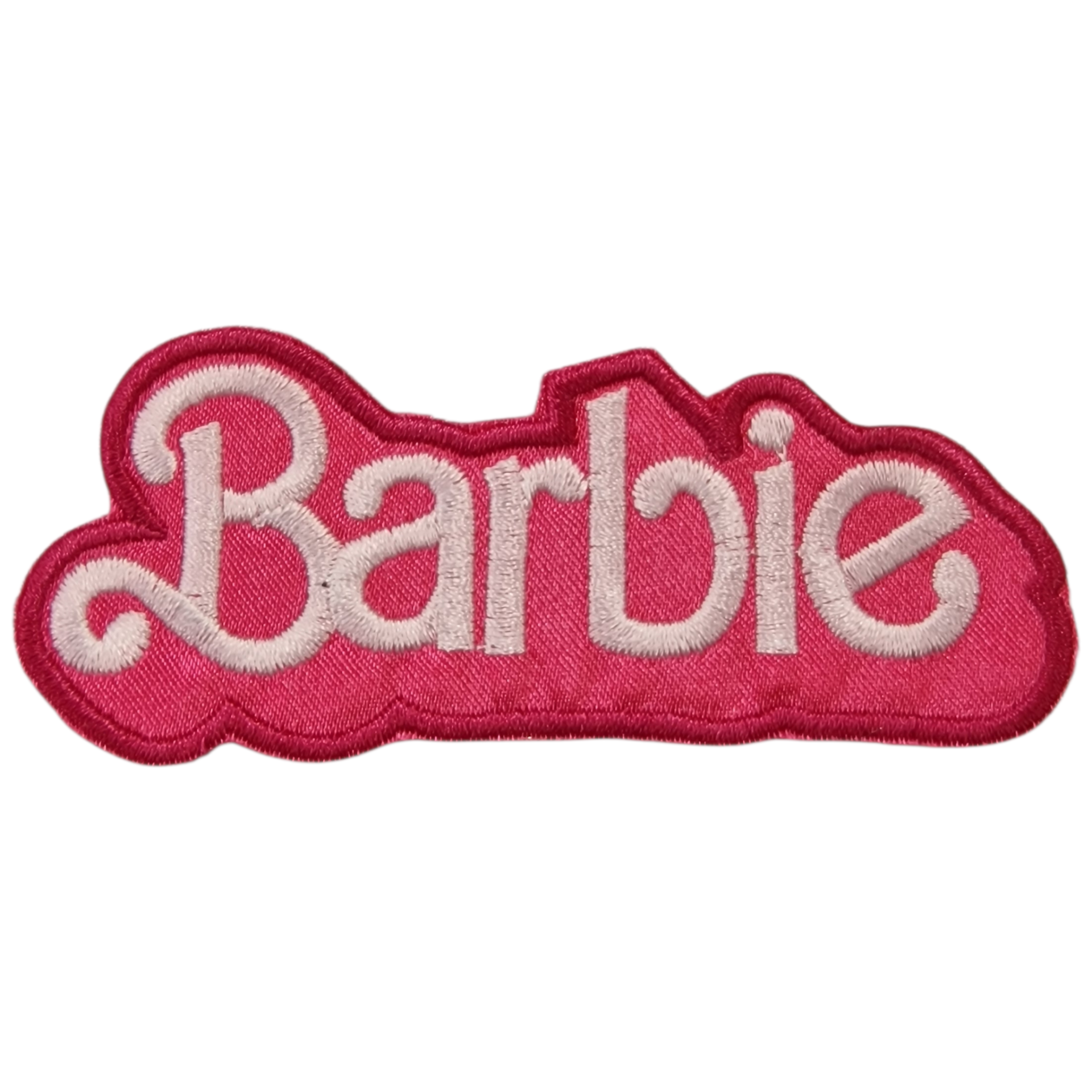 Patch bordado cor-de-rosa com texto Barbie em branco