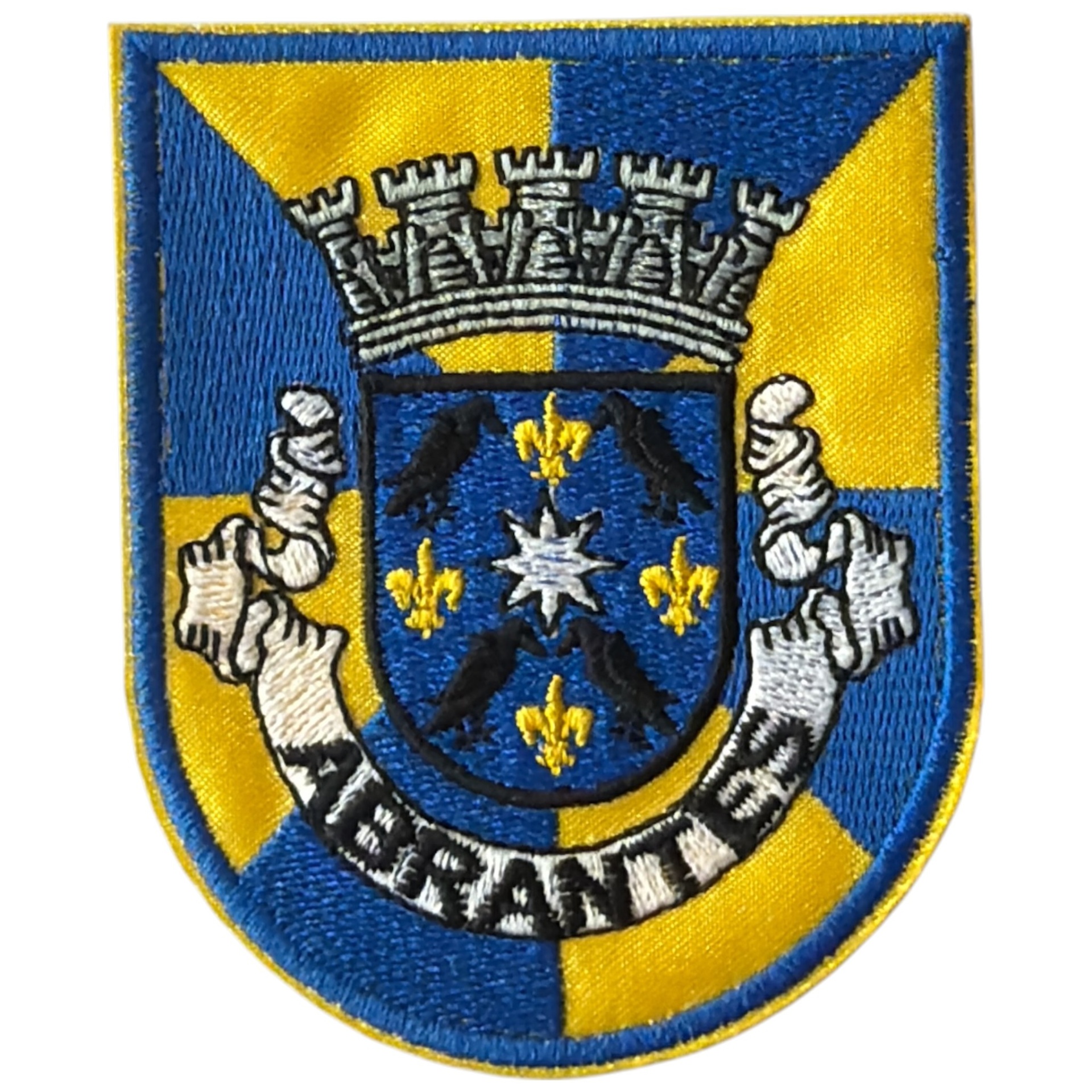 Emblema bordado azul e amarelo com brasão central detalhado