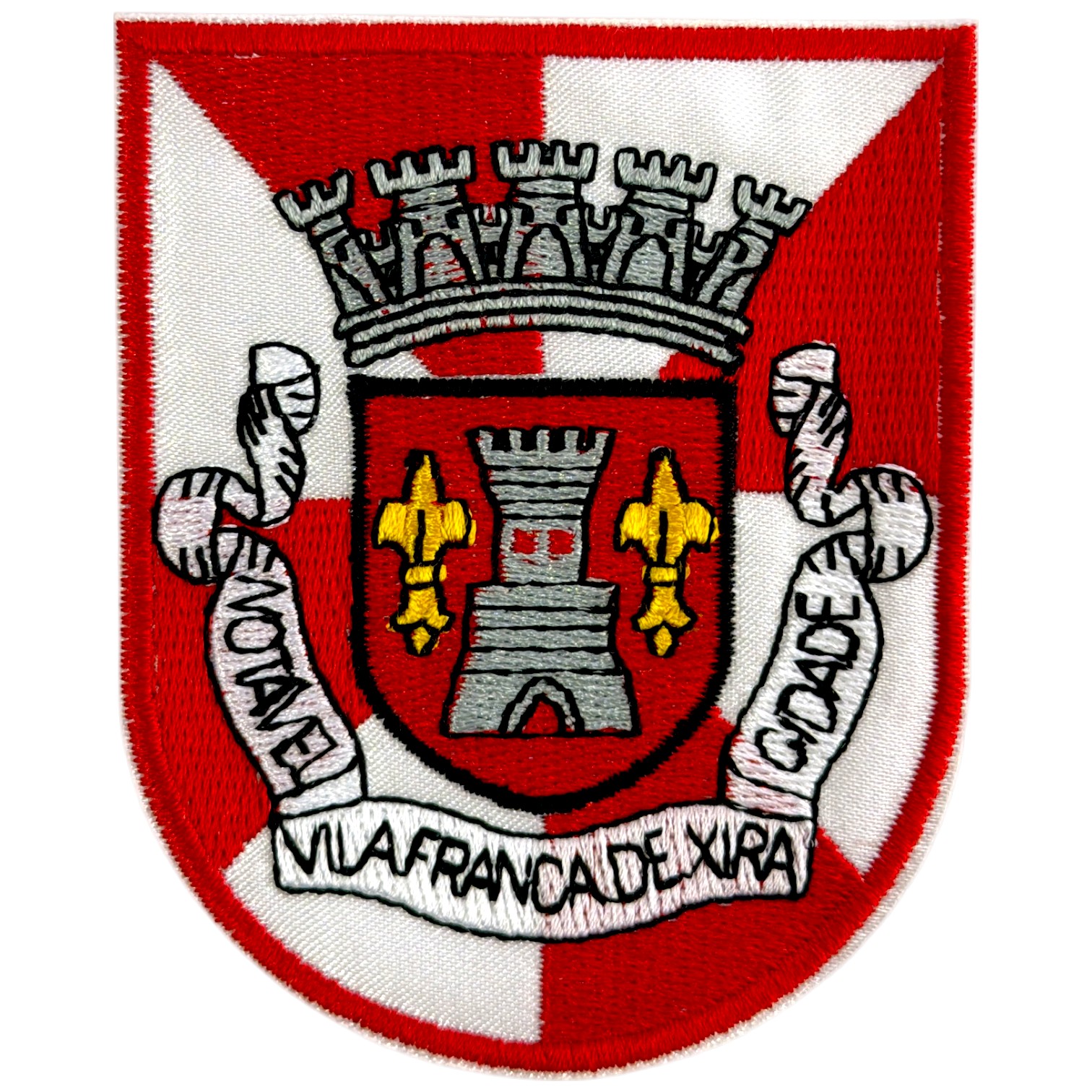Emblema bordado vermelho e branco com castelo e coroa de muralha e texto Vila Franca de Xira.