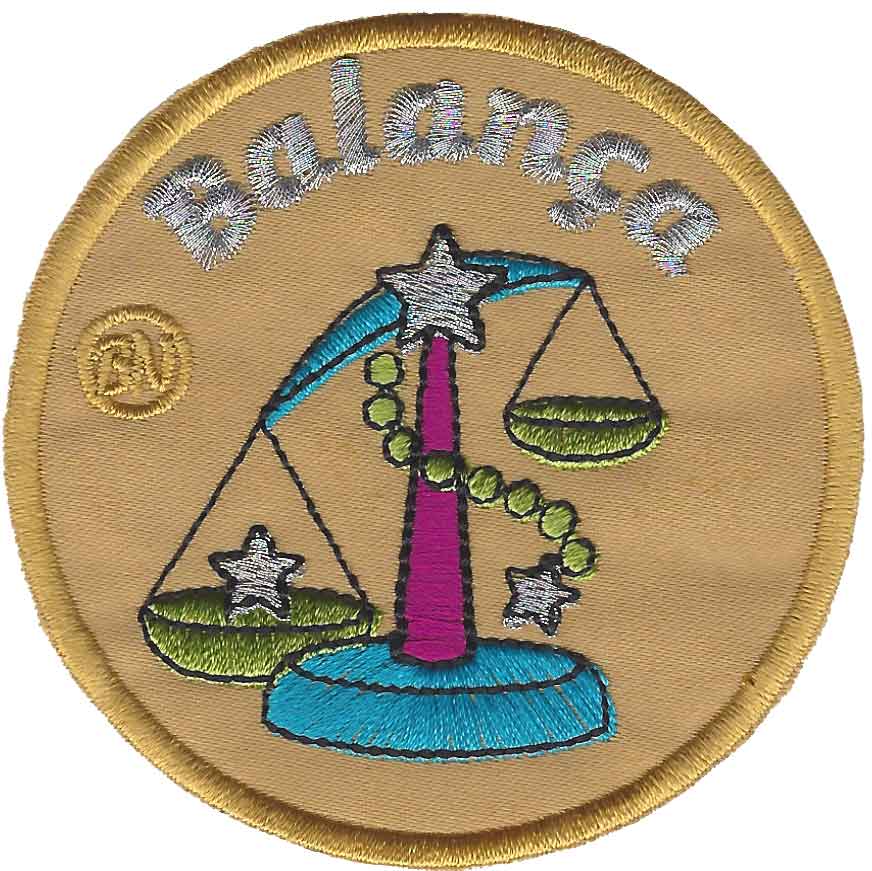 Insígnia redonda bordada com desenho de balança e texto 'Balança'