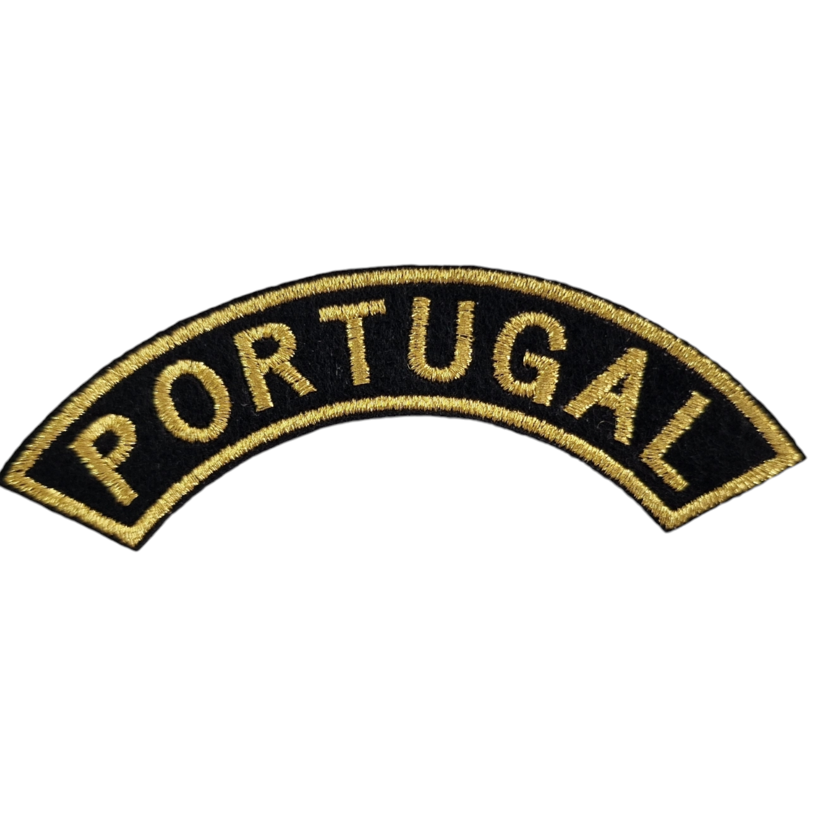 Emblema bordado preto e dourado com 'PORTUGAL' em arco