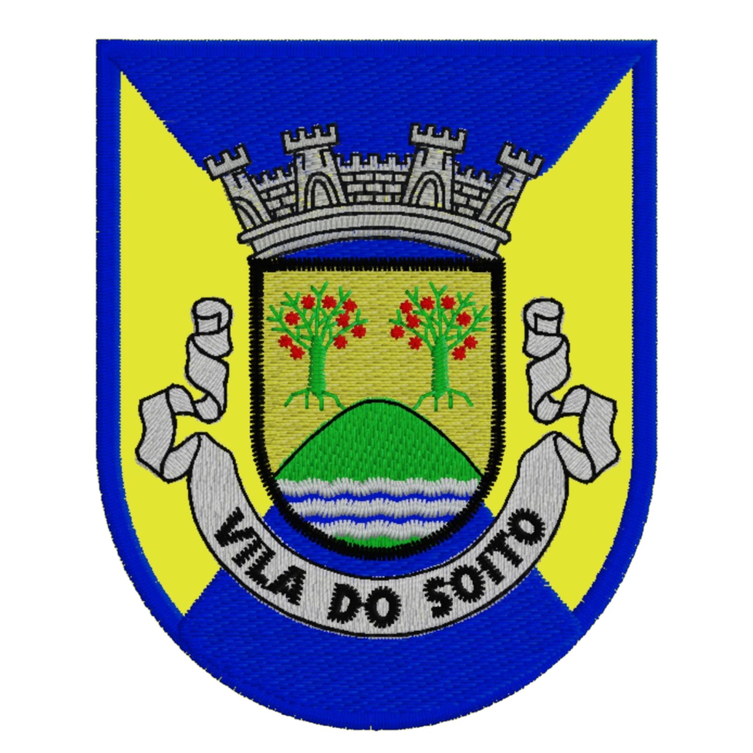 Emblema bordado com escudo e texto Vila do Souto