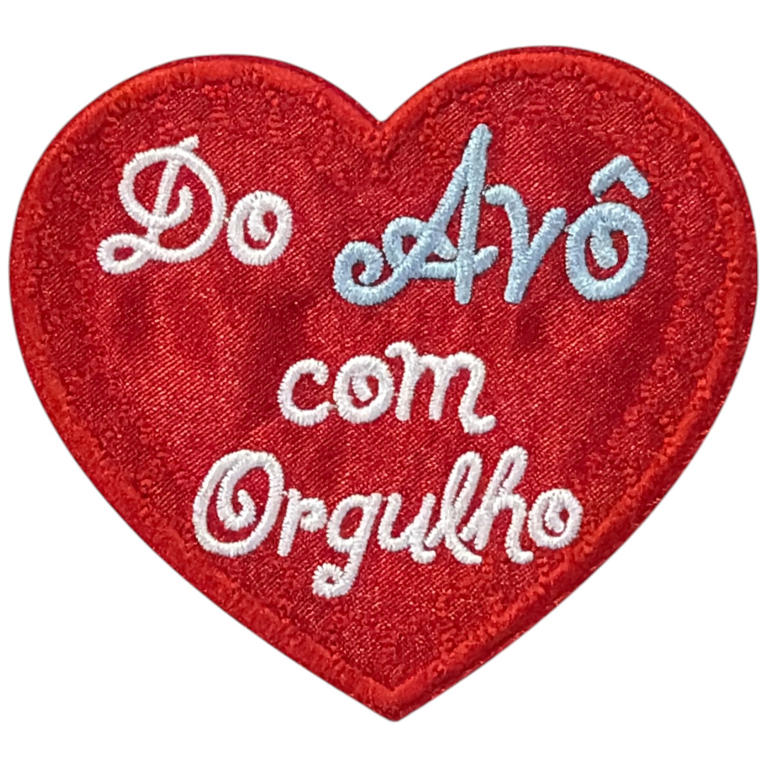 Patch bordado em forma de coração vermelho com texto em branco e azul