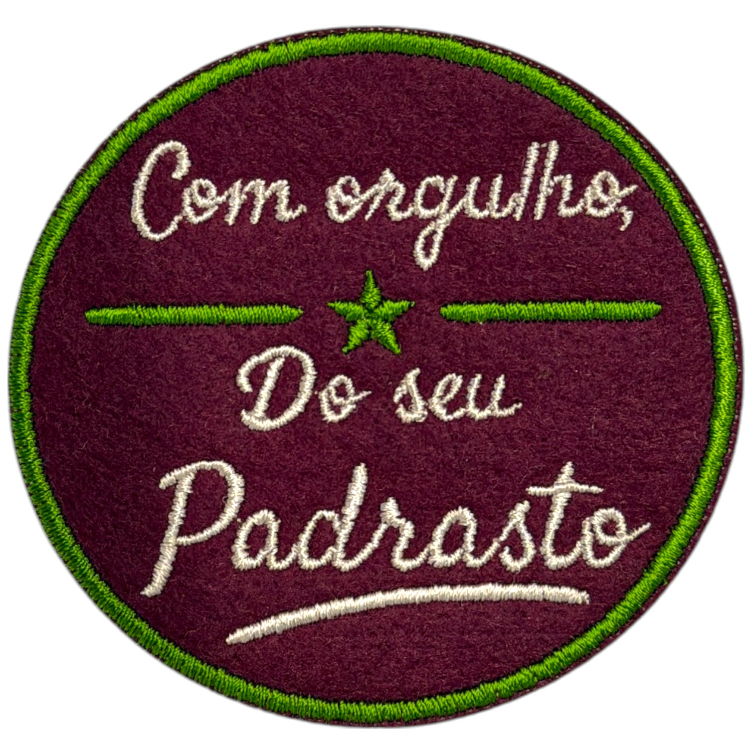 Emblema bordado bordeaux com texto branco e detalhes verdes