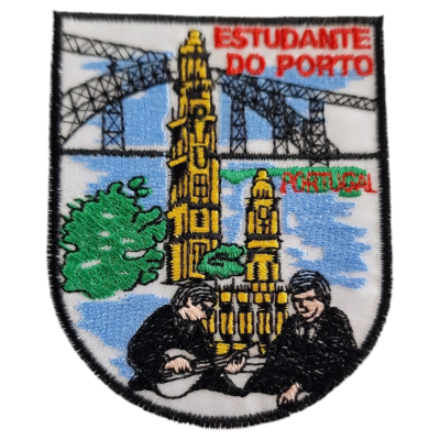 Emblema bordado de estudante do Porto com torres e ponte