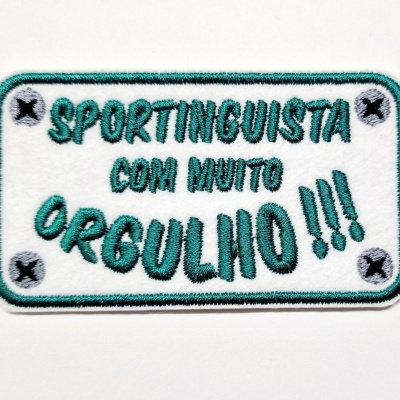 Emblema retangular bordado com texto SPORTINGUISTA COM MUITO ORGULHO!!!