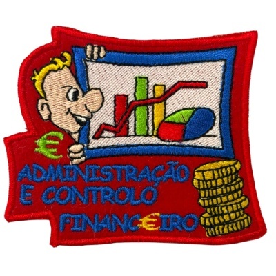 Patch bordado vermelho com gráfico e texto ADMINISTRAÇÃO E CONTROLO FINANCEIRO