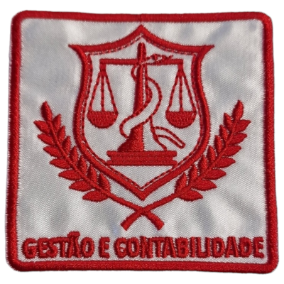 Emblema bordado branco com balança, serpente e texto 'GESTÃO E CONTABILIDADE'