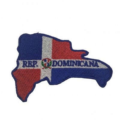 Pach bordado do mapa da República Dominicana com bandeira e texto.