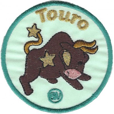 Emblema redondo bordado com touro, estrelas e texto 'Touro'