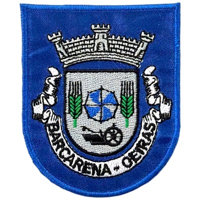 Emblema bordado com escudo e coroa castelo, com texto Barceirna OSM CO