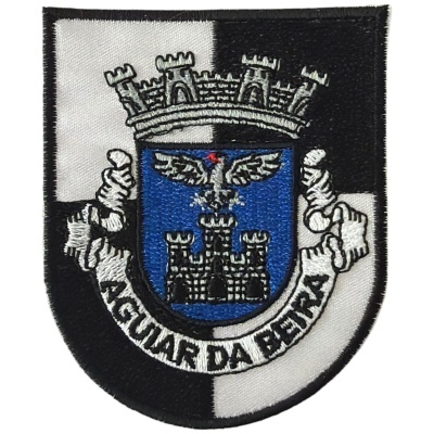 Emblema tecido preto, branco, azul, cinza e vermelho com torre, águia e texto