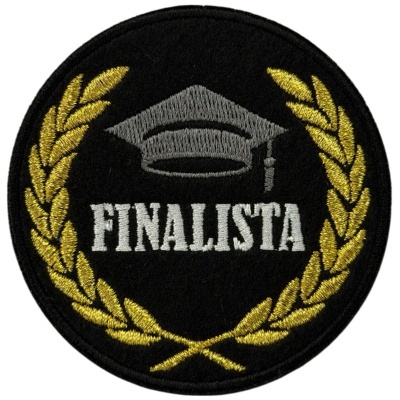 Emblema redondo preto com bordado dourado, cinzento e branco com texto FINALISTA.