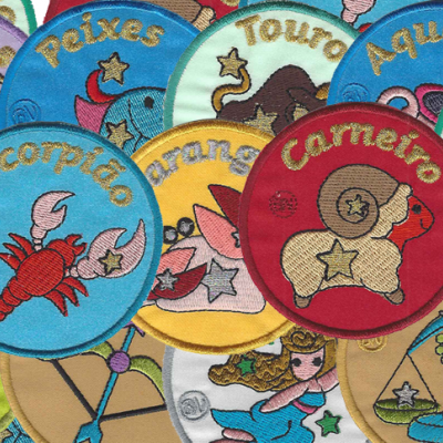 Bordados redondos coloridos com signos do zodíaco bordados em tecido