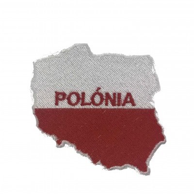 Emblema de tecido na forma do mapa da Polónia em branco e vermelho com a palavra POLÓNIA