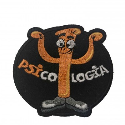 Emblema bordado preto com figura animada castanha e texto PSICOLOGIA