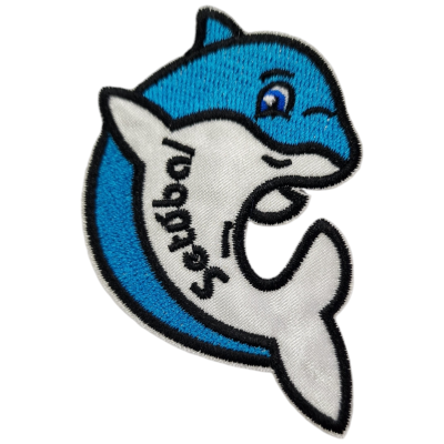 Emblema bordado de golfinho azul e branco com texto Dolphins