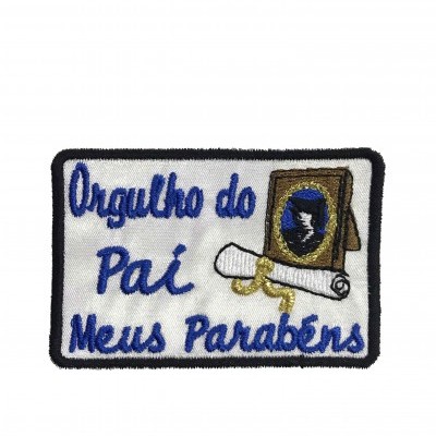 Emblema bordado com texto e ilustrações em branco, azul, preto, dourado e amarelo