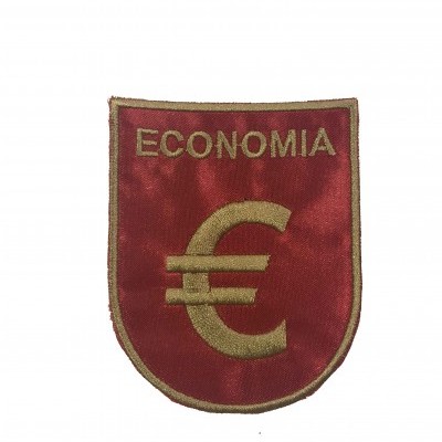 Emblema têxtil vermelho com texto Economia e símbolo de euro dourado