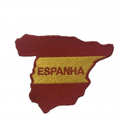 Emblema bordado em forma do mapa da Espanha com as cores da bandeira e texto Espanha.