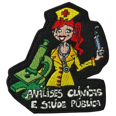Patch bordado com enfermeira, microscópio, seringa e texto em português.