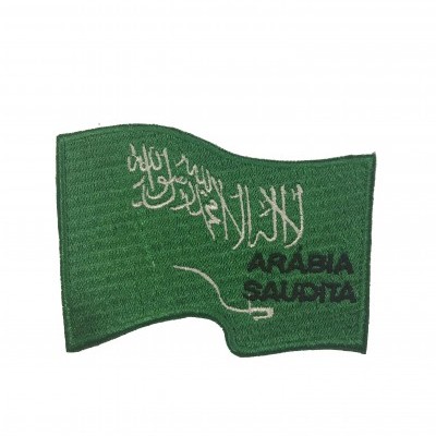 Bordado de bandeira verde com texto árabe e português
