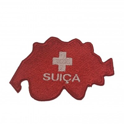 Patch bordado vermelho com cruz branca e texto 'SUÍÇA'