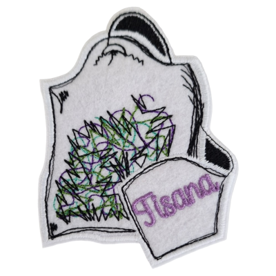Patch bordado com desenho abstrato e palavra 'Tisana'