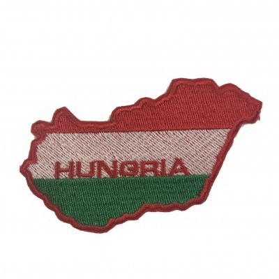 Emblema bordado mapa da Hungria com cores da bandeira e texto HUNGRIA