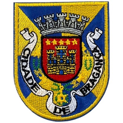 Emblema bordado com castelo, coroa e texto Mascandela