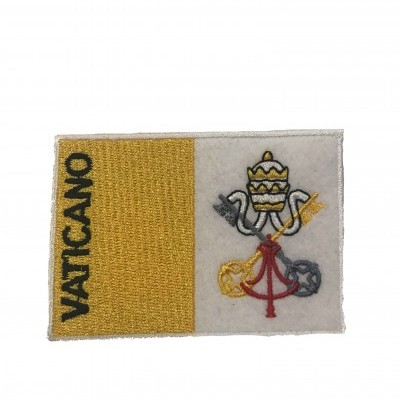 Patch bordado retangular com texto VATICANO e emblema papal em amarelo, branco e preto