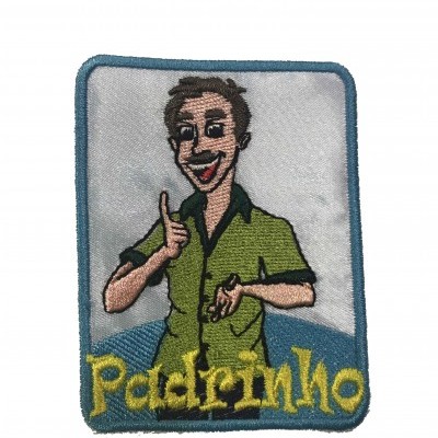 Emblema bordado com personagem masculino e texto Padrinho.