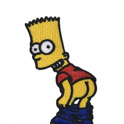 Emblema bordado de personagem amarela com camisa vermelha e calças azuis puxadas para baixo