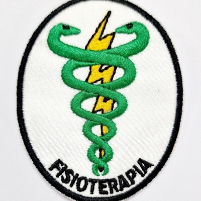 Emblema bordado branco com cobras verdes, raio amarelo e texto FISIOTERAPIA.