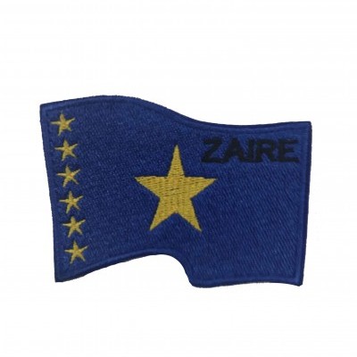 Patch bordado azul com estrelas amarelas e texto ZAIRE